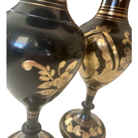 Vintage Moradabad Brass Vase Pair – Black & Gold Floral-10'' - Picture 3 of 4